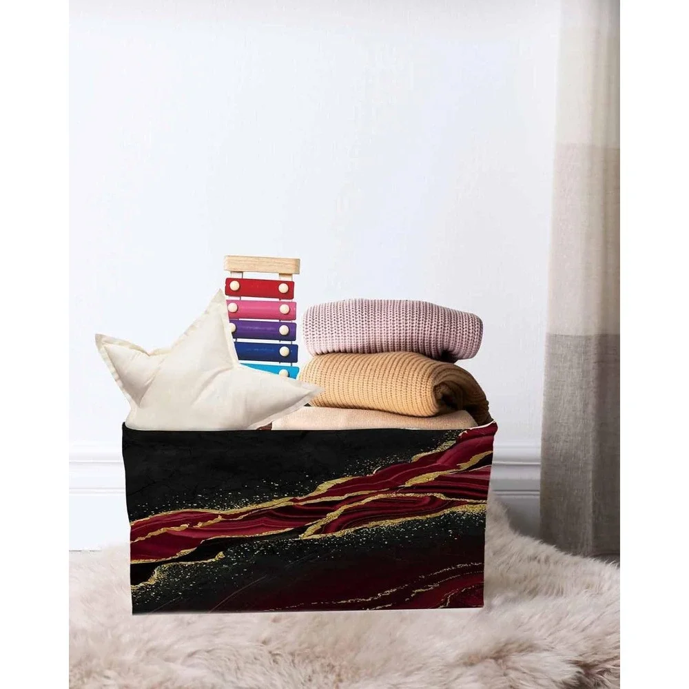 Set of 2 Black Burgundy Gold Marble Agate Storage Baskets with Leather Handles‎